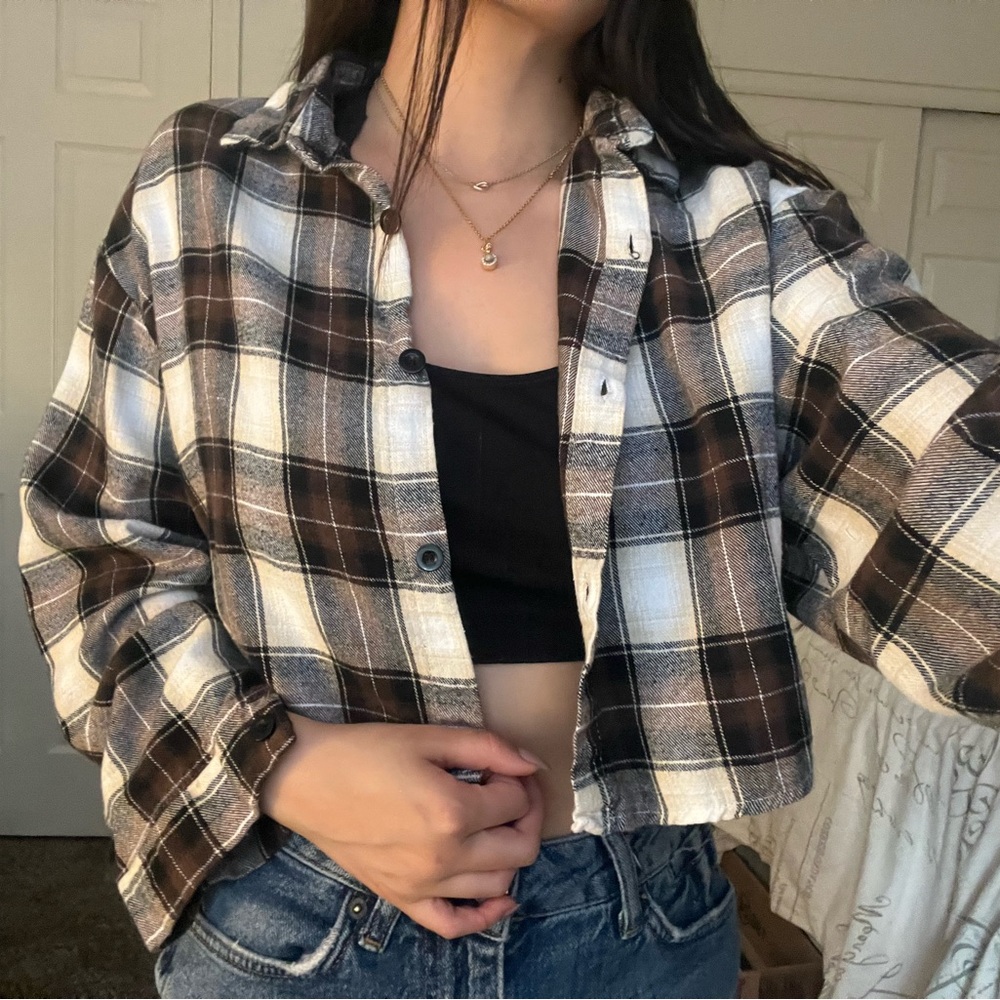 Cropped Collared Button-Up Flannel